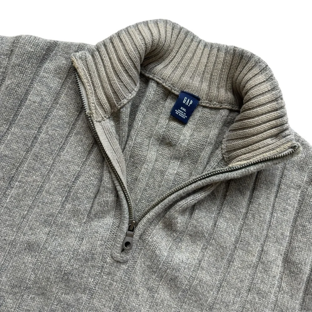 VTG Y2K GAP 100% Lambswool Quarter Zip Sweater XXL Gray Rib Knit Winter Classic